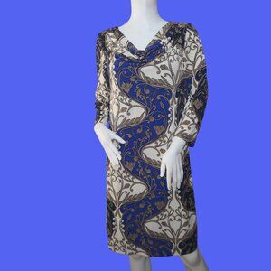 Floral Scroll Print Cowl Neck Midi Dress With 3/4 Sleeves - Size 8
